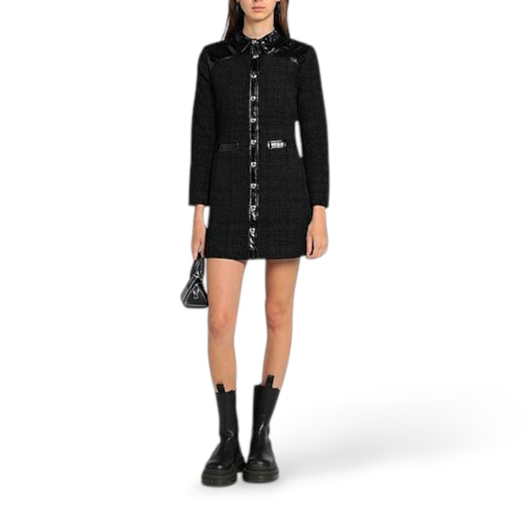 Maje Dresses & Skirts - Maje Tweed Black Velvet Rinili Mini Dress Faux Leather Trim Pockets Sz 36 / US 4